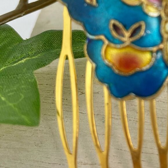 Vintage Enamel Butterfly Floral Hair Comb Gold Blue - Picture 11 of 11